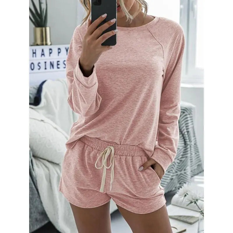Women's Solid Raglan Sleeve Tee & Drawstring Waist Shorts Loungewear Two-piece Set Pajama Set, Casual Comfy Round Neck Top & Pocket Shorts PJ Set, Ladies Sleepwear for Spring & Fall