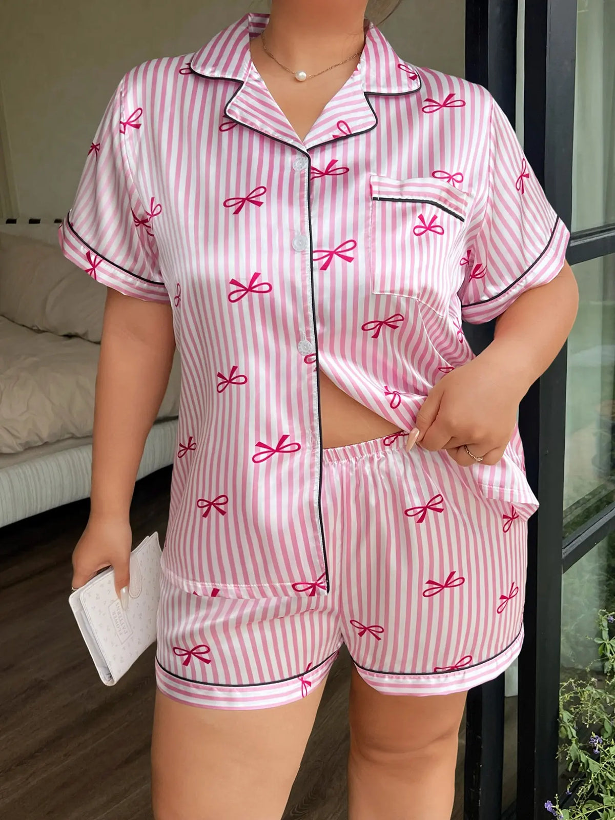 Women's Plus Size Satin Pajama Set, Cute Striped Butterfly Print, Summer Short Sleeve Collared Top and Bow Shorts, Casual Home Wear, Loungewear Sleepwear Set, Shorts Pajamas Set