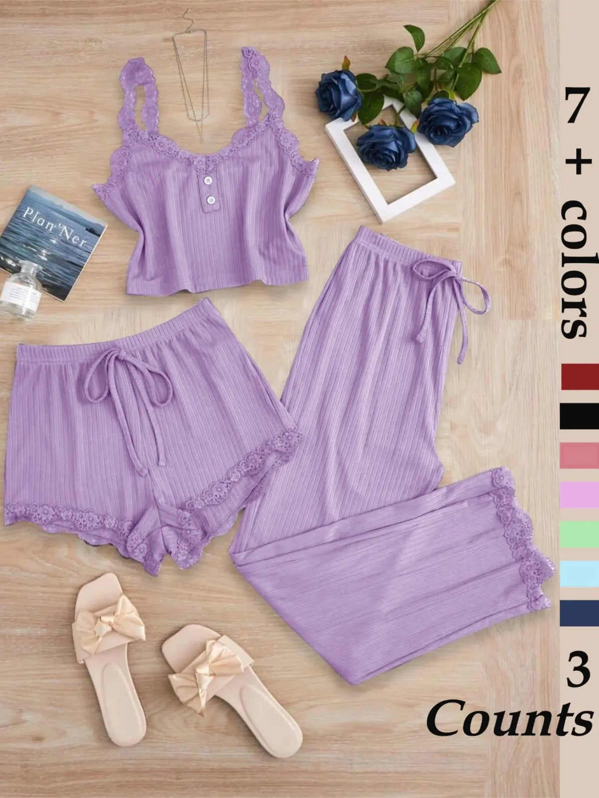 Women's Sleepwear Set, Three-Piece Lace Trim Tank Top & Shorts & Long Pants Pajamas, Soft Breathable Comfortable Casual Loungewear Outfits, Home Clothes Loungewear