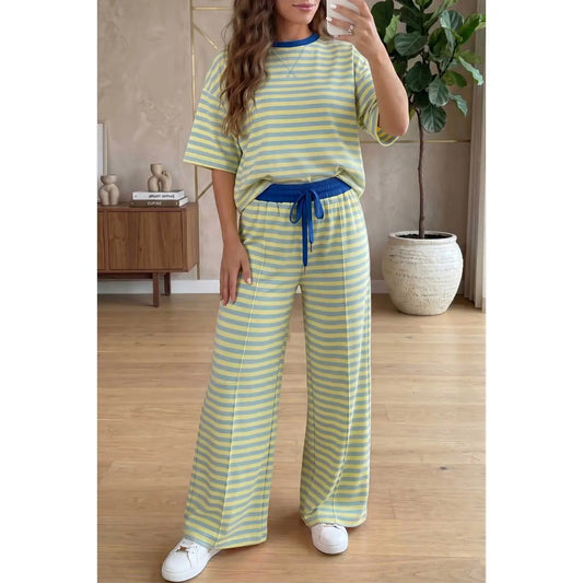 Women's 2-Piece Cotton Blend Loungewear Set - Lightweight Crew Neck Striped Colorblock Tee with Elastic Detail, Adjustable Wide Leg Drawstring Shorts, Casual Matching Women's Clothing Set, Two Piece Set,sohochic loose long pant