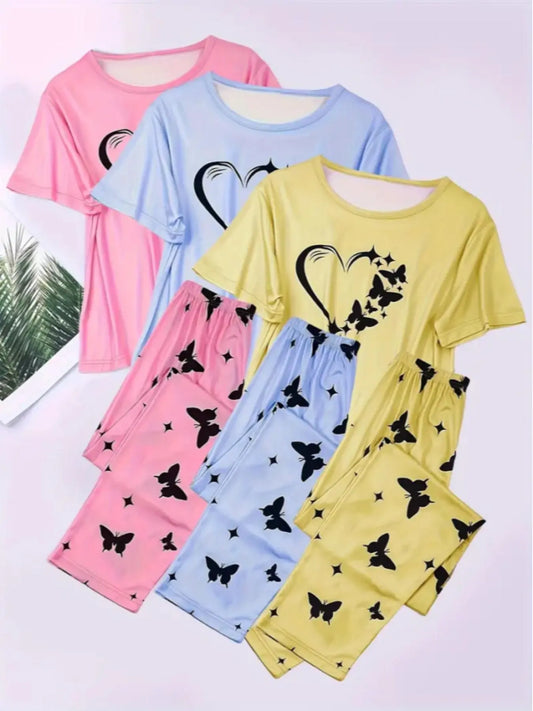 6-Piece Aesthetic Heart Butterfly Print Knitting Pajama Set, Short Sleeve Round Neck Top and Elastic Waist Pants, Women's Sleepwear, Pyjamas, Loungewear and Casual Wear, All Seasons, Fit