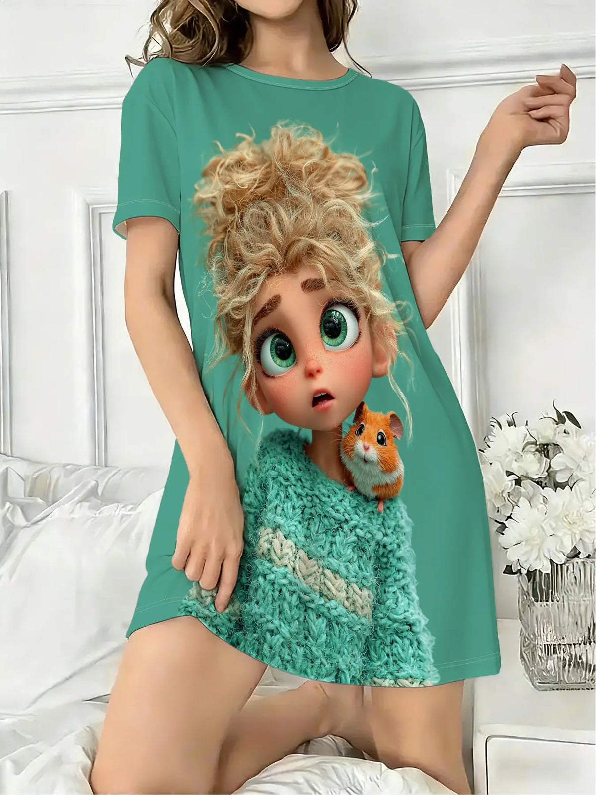 3-Piece Set Cute Plush Animal Large Print Short Sleeve Round Neck Women's Nightgown Pajamas Pjs, Spring Summer Autumn Wear, Casual Home Sleepwear