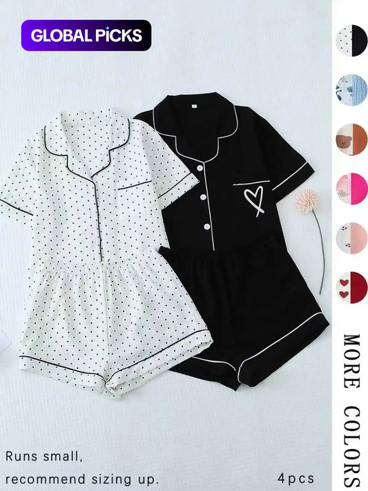 Women's All Over Print Woven Casual Loungewear Set, Contrast Binding Pocket Button Top & Elastic Shorts Pajama Set, Ladies Summer Pjs Nightwear Matching Pj Set