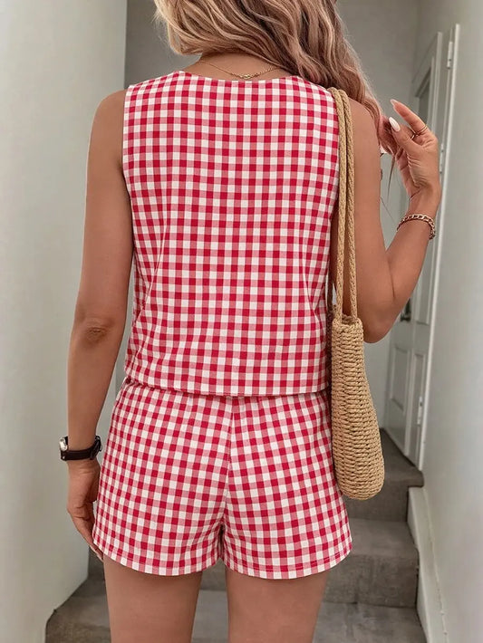 IDEALSANXUN Women's 2-Piece Casual Fashion Set - Sleeveless Round Neck (Crew Neck) Ribbed Gingham Knit Top & Above-the-Knee Shorts, Spring Summer Womenswear Clothing Set
