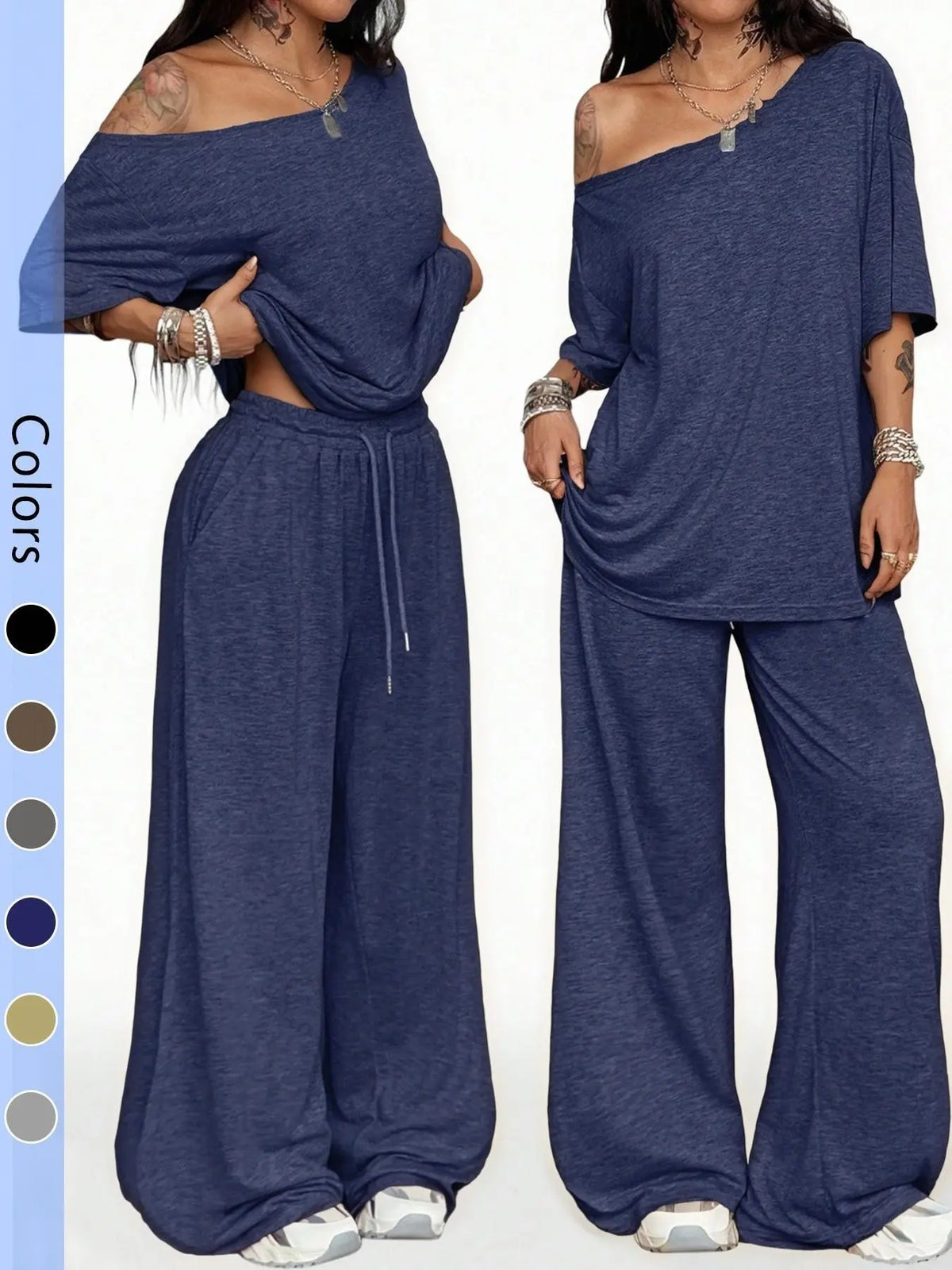 Women's 2-Piece Sleepwear Set Loungewear Outfit, Casual Solid Color, Loose Short Sleeve Top and Long Pants, Comfortable Homewear