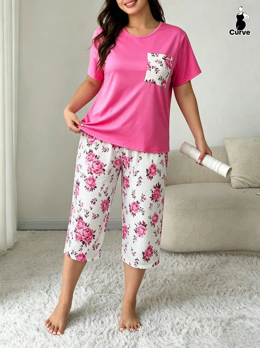 Plus Size Floral Print Tee & Capri Pants Pyjama Two-Piece Set, Casual Comfy Round Neck Short Sleeve T-Shirt & Trousers, PJ Set, Women's Sleepwear for Summer