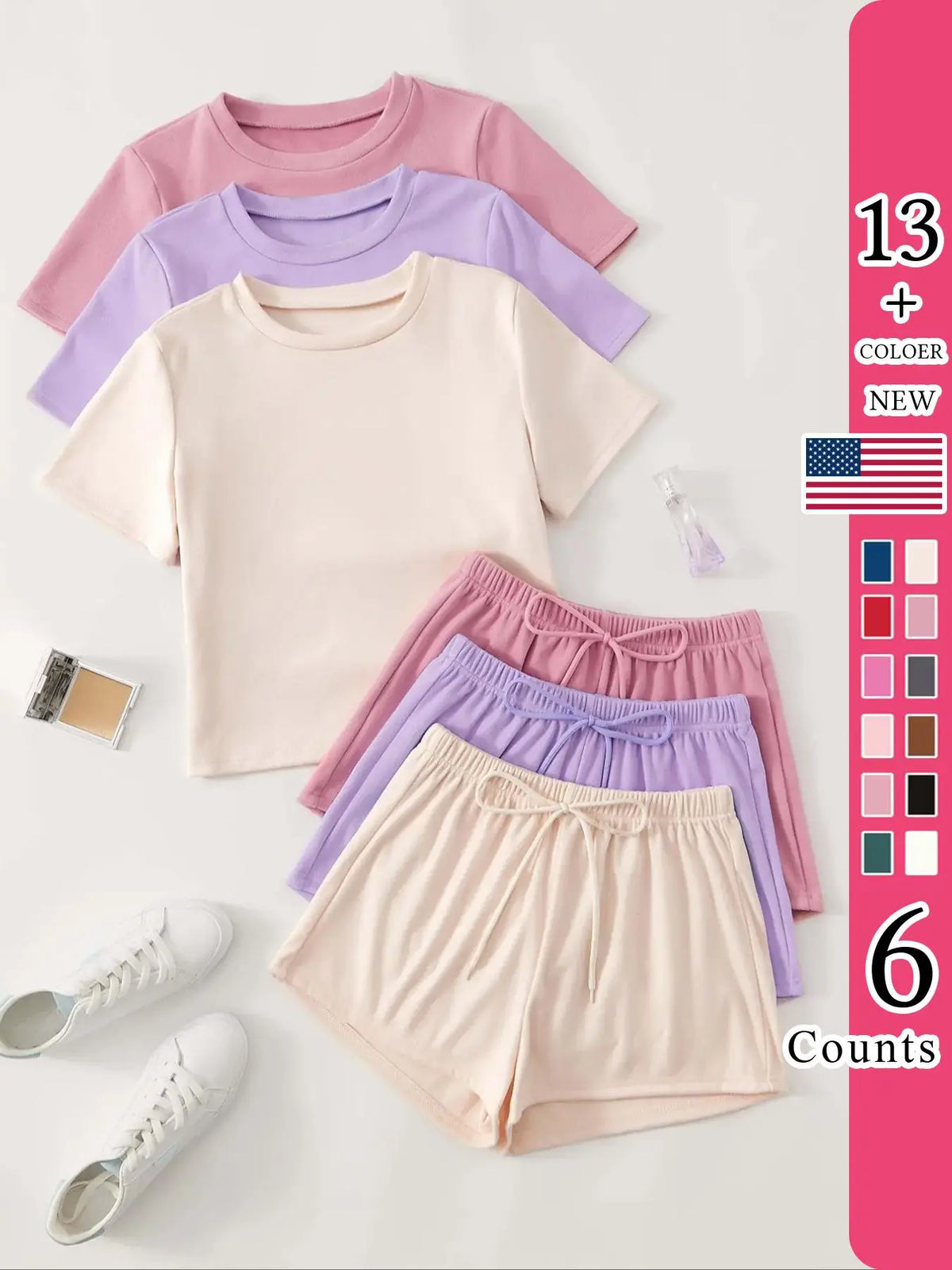 Women's Classic All-Season Pajama Set, Comfortable Round-Neck Short-Sleeve Fitted Top & Elastic Shorts, Solid Color Nightwear, Casual Home Wear, Loungewear
