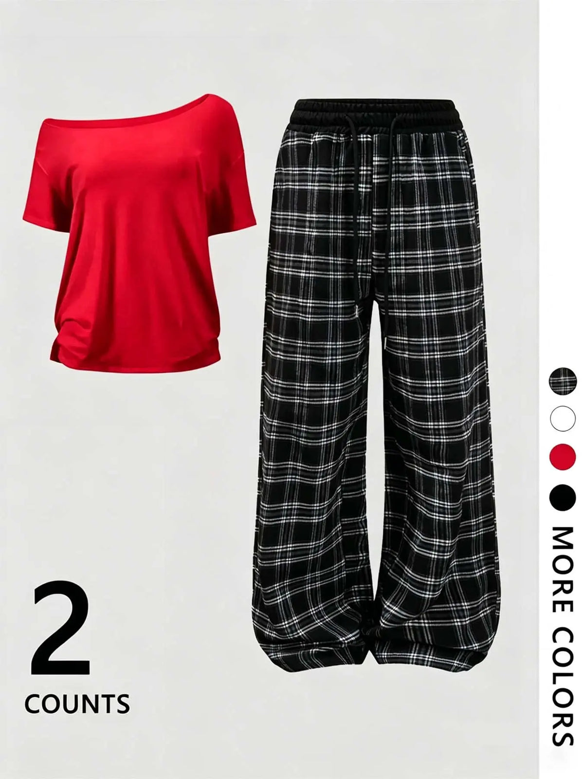 Women's Off-Shoulder Loose Short Sleeve Top with Plaid Pants Pajama Set, Nightwear Loungewear Set, Loungewear, Homewear, Fashionable and Comfortable, Ideal for Daily Activities and Home Wear, Matching Loungewear