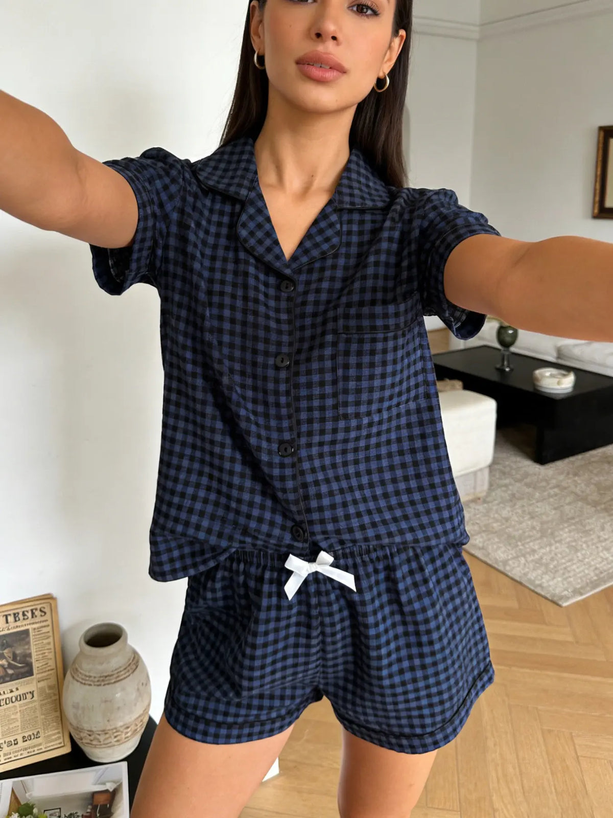 Women's Two-Piece Sleepwear Set, Mint Checkered Classic Design, Bow Detail, Loose Fit, Casual All Seasons Wear