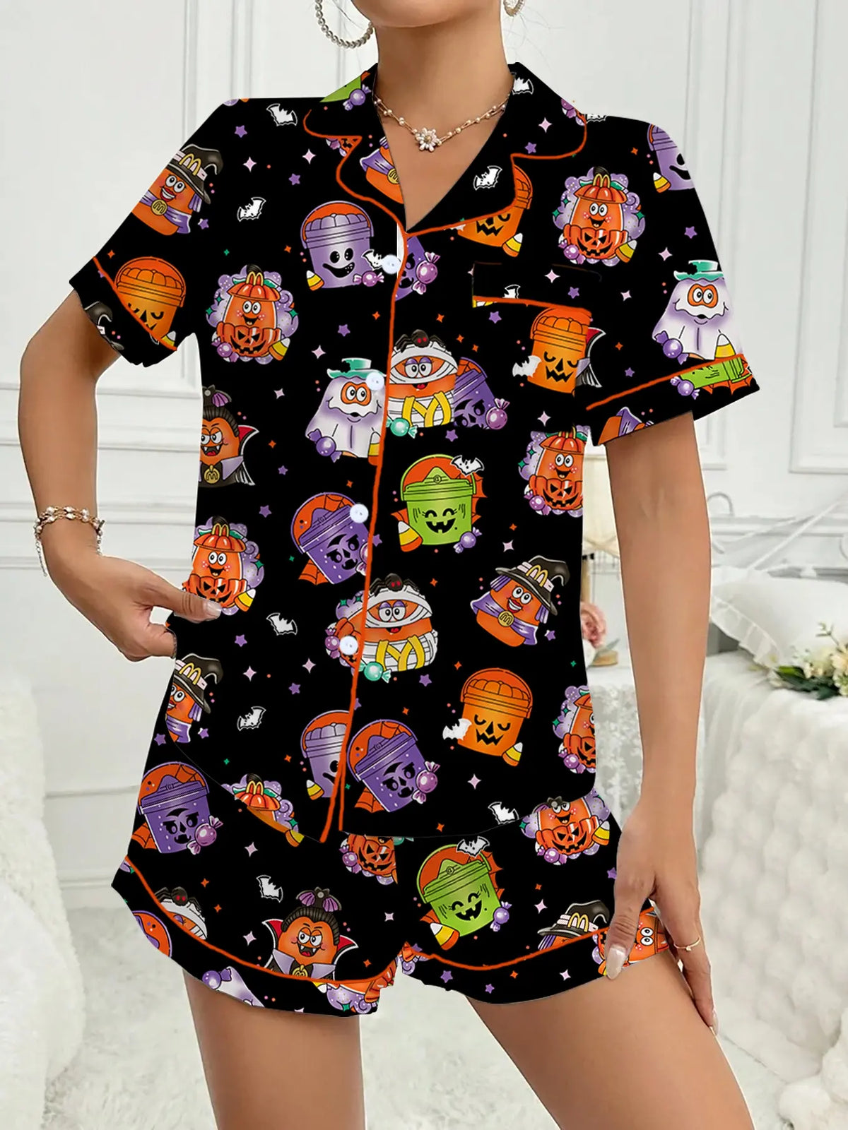 【Halloween】Women's Halloween Print Pajama Set, Printed Pajama Set, Casual Comfy Short Sleeve Top & Shorts Set, Ladies Sleepwear for All Seasons, Party Style Loungewear