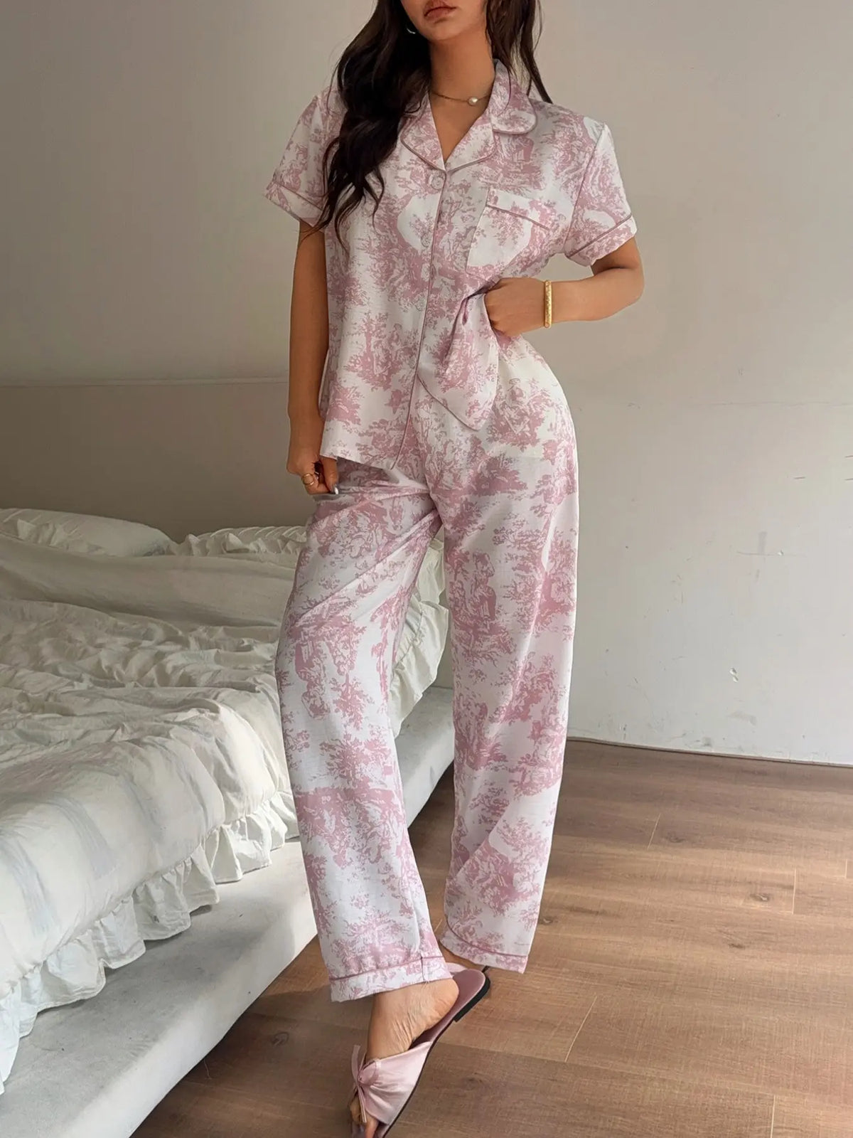 Women's Striped Print Button Front Short Sleeve Top and Bow Tie Long Pants Pajama Set, Casual Home Wear, All Seasons Loungewear, Nightwear Sleepwear