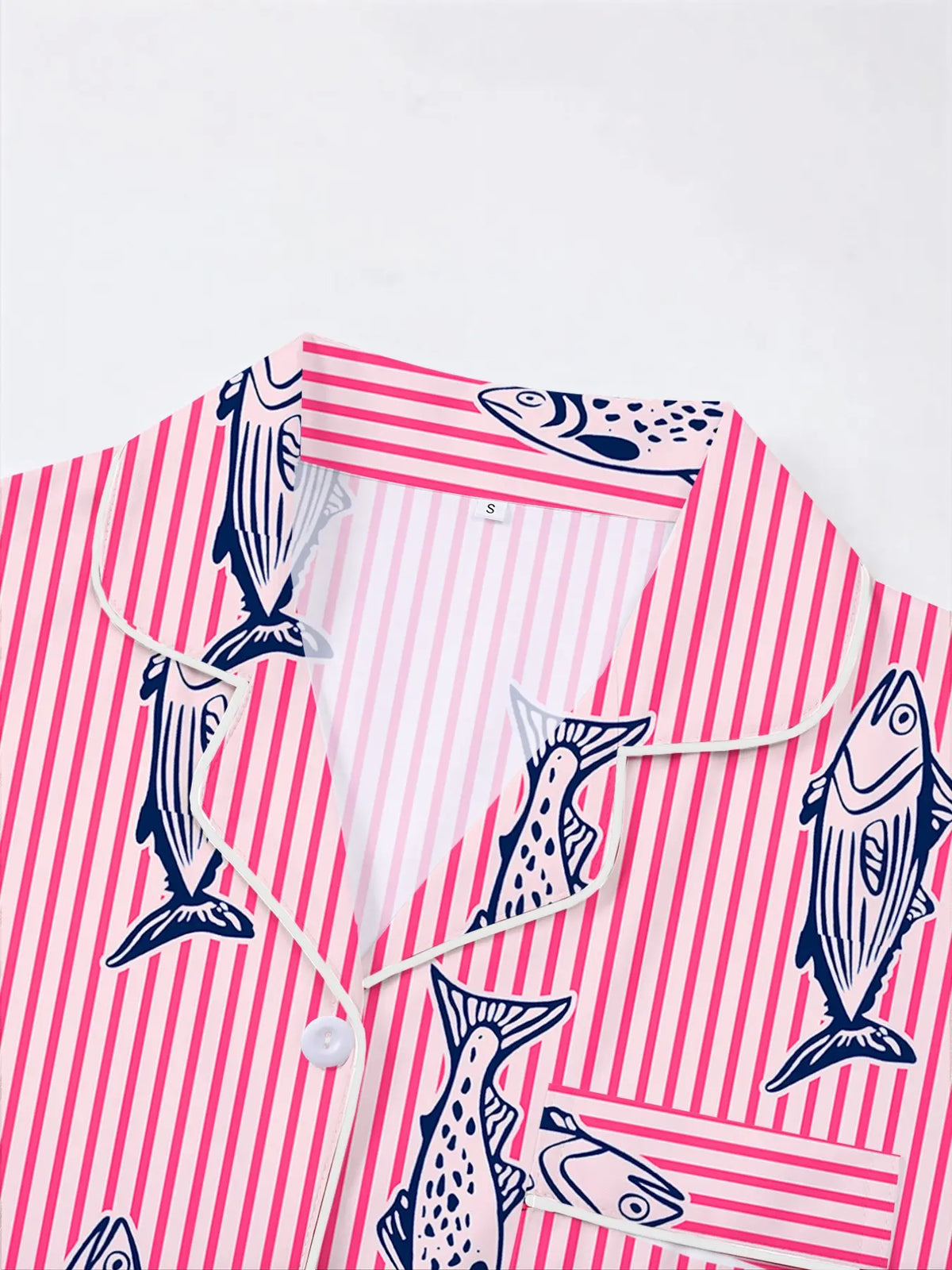 Women's Fish-Print Pajama Set, Short-Sleeve Button-Up Top and Elastic Shorts, Comfortable All-Season Loungewear for Home