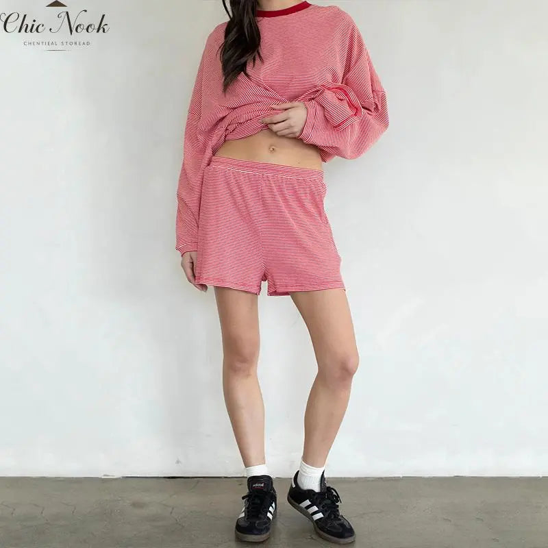 Women's Striped 2 Piece Lounge Set Oversized Long Sleeve T-Shirts Drawstring High Waisted Shorts Summer Pajama Sets