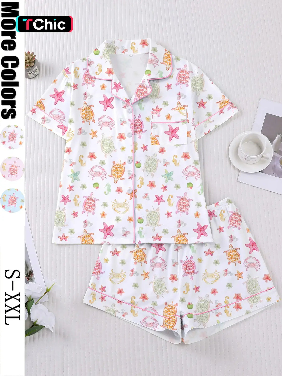 Women's 2-Piece Short Sleeve Sleepwear Set, Pajama Set, Homewear & Loungewear, Fun Oceanic Cartoon Print, Casual Nightwear, Comfortable Lapel Top & Wide Leg Shorts, Lounge Pjs Set