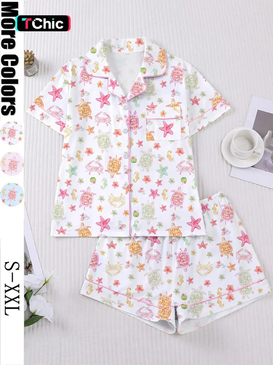 Women's 2-Piece Short Sleeve Sleepwear Set, Pajama Set, Homewear & Loungewear, Fun Oceanic Cartoon Print, Casual Nightwear, Comfortable Lapel Top & Wide Leg Shorts, Lounge Pjs Set