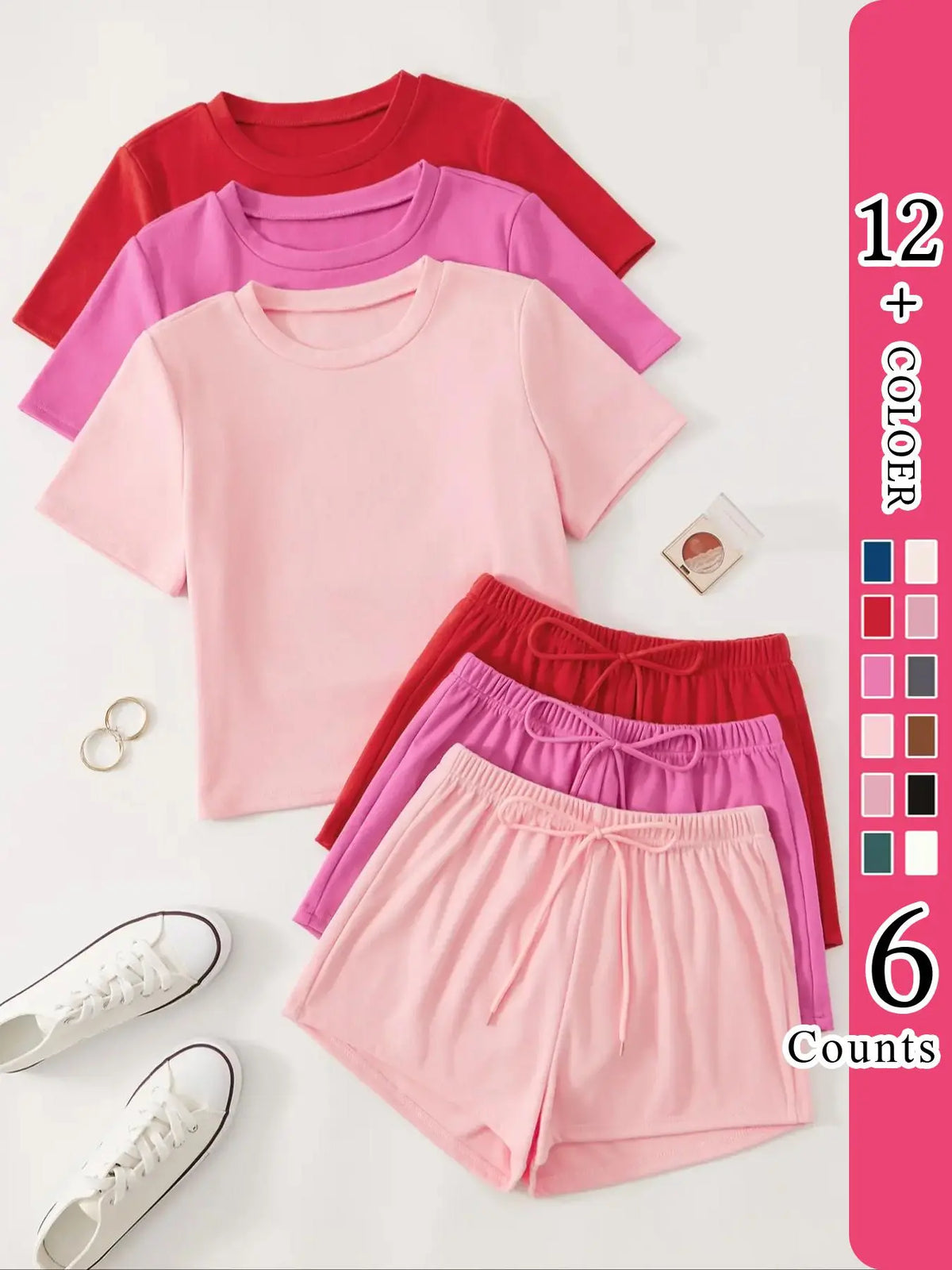 Women's Classic All-Season Pajama Set, Comfortable Round-Neck Short-Sleeve Fitted Top & Elastic Shorts, Solid Color Nightwear, Casual Home Wear, Loungewear