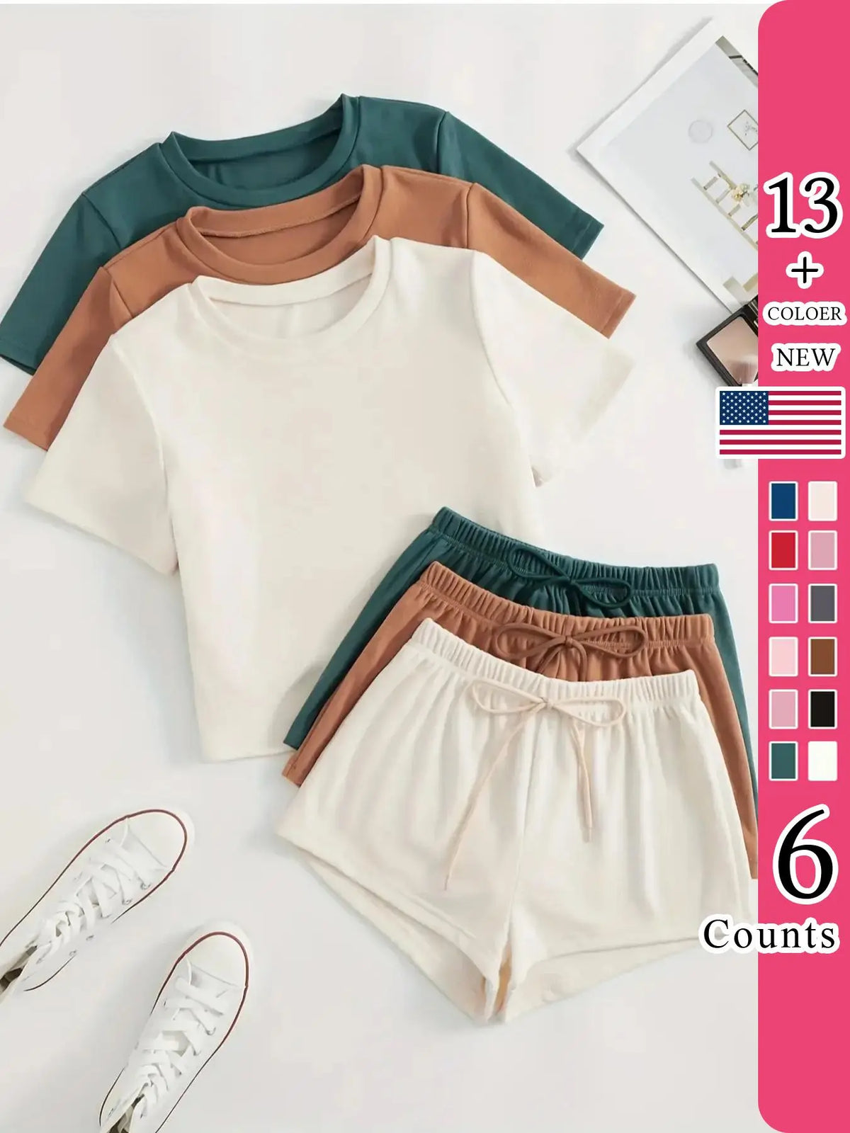 Women's Classic All-Season Pajama Set, Comfortable Round-Neck Short-Sleeve Fitted Top & Elastic Shorts, Solid Color Nightwear, Casual Home Wear, Loungewear