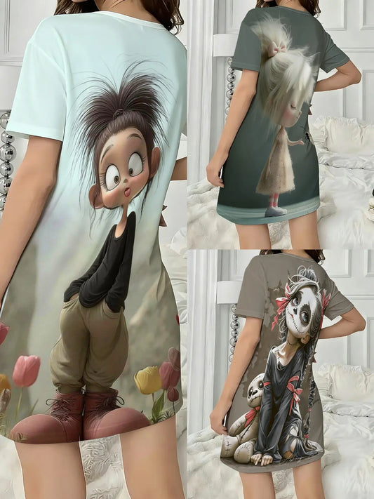 3-Piece Set Cute Plush Animal Large Print Short Sleeve Round Neck Women's Nightgown Pajamas Pjs, Spring Summer Autumn Wear, Casual Home Sleepwear