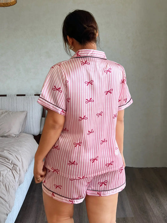 Women's Plus Size Satin Pajama Set, Cute Striped Butterfly Print, Summer Short Sleeve Collared Top and Bow Shorts, Casual Home Wear, Loungewear Sleepwear Set, Shorts Pajamas Set