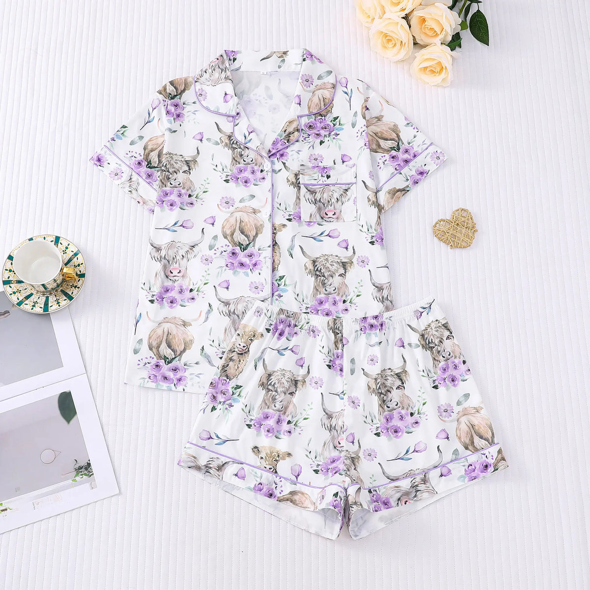 Msrlassn Women's Halloween Print Lapel Neck Pajama Set Casual Comfy Short Sleeve Top & Shorts Pj Set Ladies Sleepwear for All Seasons Loungewear