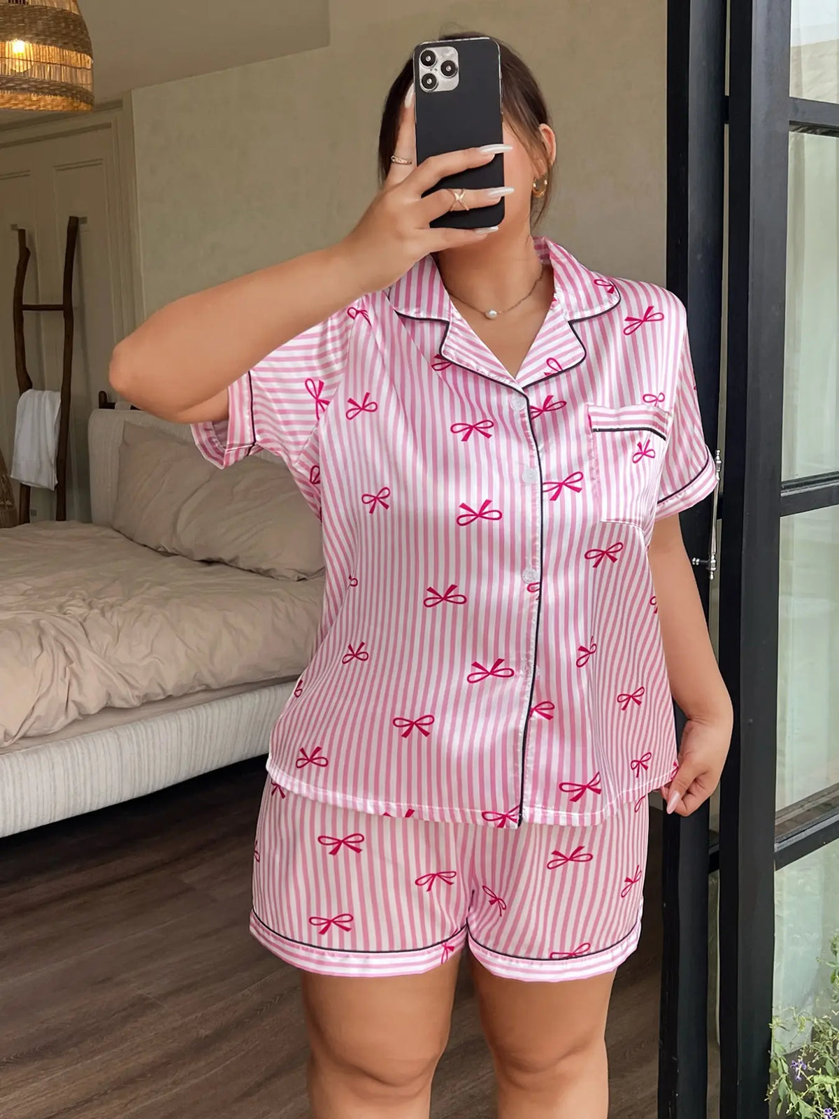 Women's Plus Size Satin Pajama Set, Cute Striped Butterfly Print, Summer Short Sleeve Collared Top and Bow Shorts, Casual Home Wear, Loungewear Sleepwear Set, Shorts Pajamas Set