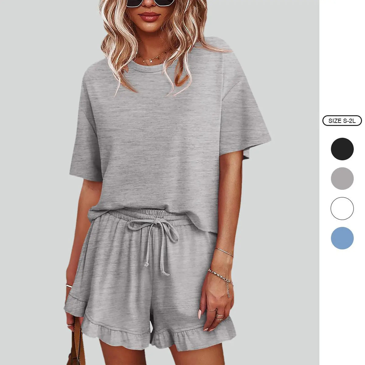 Imily Bela Womens Pajamas Set Lounge Sets Cropped Short Sleeve T Shirts Drawstring Ruffle Shorts Soft Sleepwear