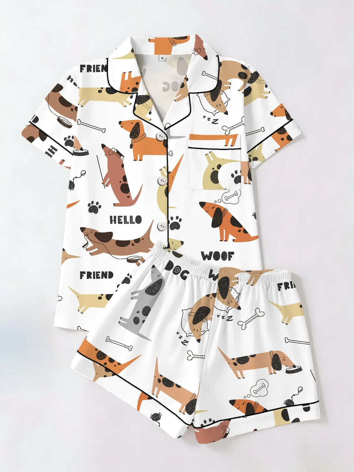 Women's Trendy Aesthetic Colorful Sausage-Dog Print Loungewear Set, Short-Sleeve Top and Shorts Sleepwear Set, Two-Piece Casual Fitted Pajama Suit, Nightwear Pajama Set for All Seasons