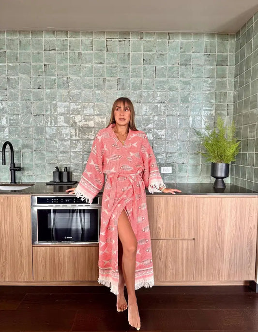 Handwoven Organic Cotton Kimono Robe, Fish Print Robe, Beach Cover-Up , Gift for Her