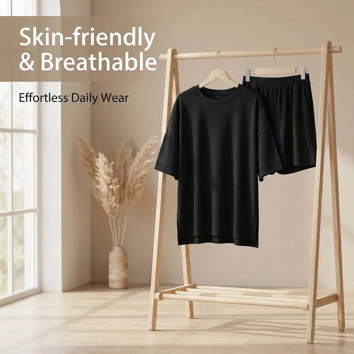 Women's 2-Piece Casual Loungewear Set - 3/4 Sleeve Top, Elastic Waist Above-the-Knee Shorts, Basic Design, Polyester & Modal Fabric, Pajamas, Matching Sets, Sohochic