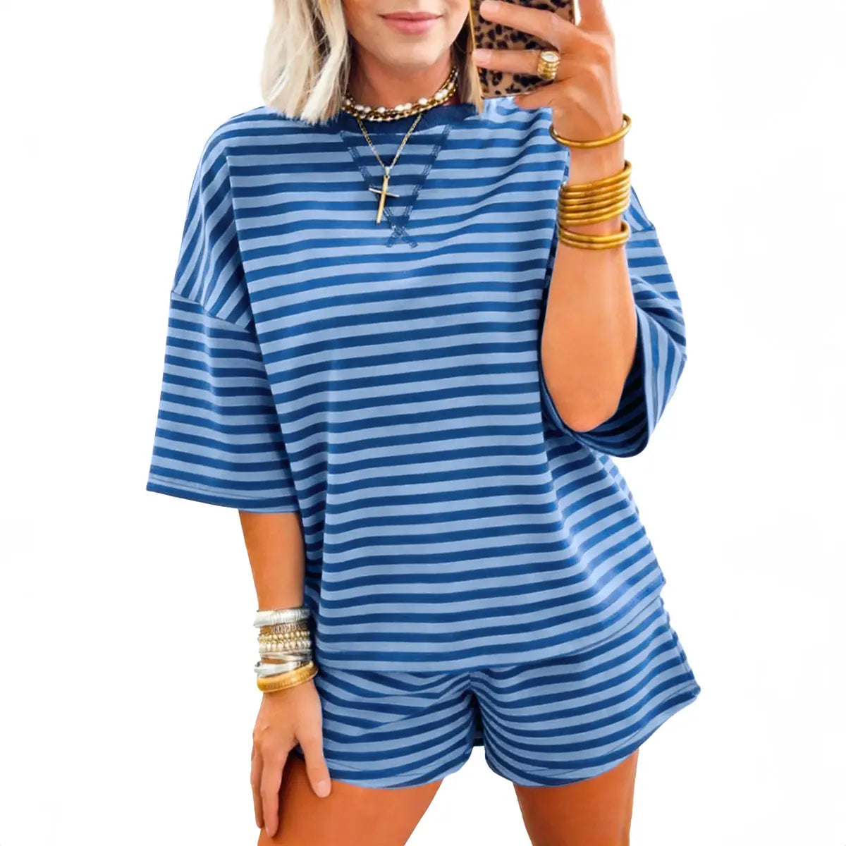 Mntaor Women's Cozy 2-Piece Ribbed Shorts Set Classic Navy Stripes Soft Cotton Blend Perfect for Lounging Sleeping or Casual Streetwear Clothes Womenswear
