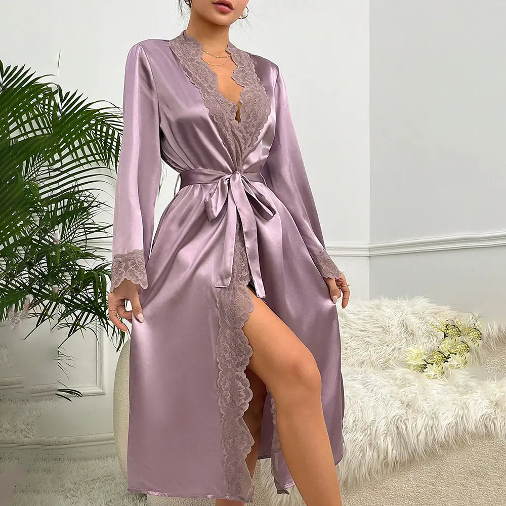 Long Sleeve Women's Robe, Lace Tie Bathrobe, Sexy Sleepwear in White