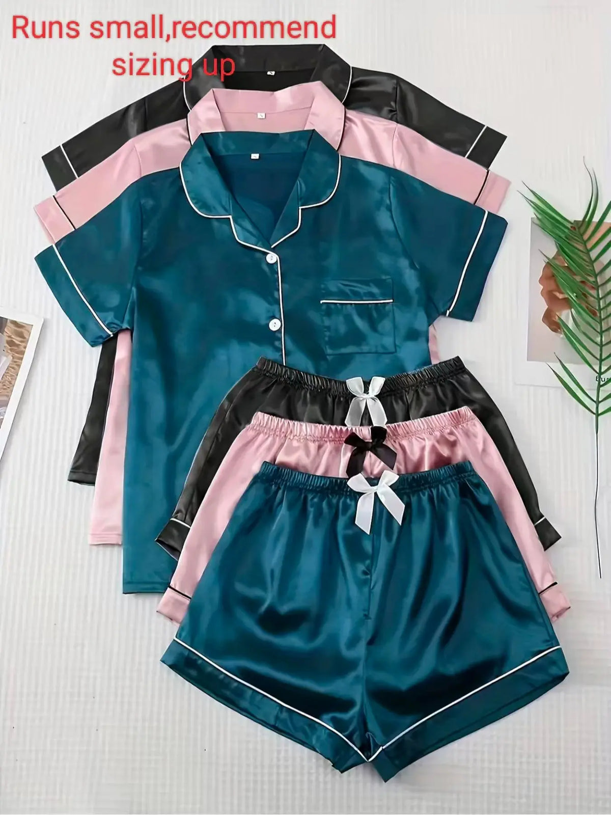 Fashion Six-Piece Women's Satin Pajama Set, Comfortable Summer Sleepwear Loungewear, Button Top and Bow Front Shorts, Casual Fitted Style, Casual Fitted Nightwear