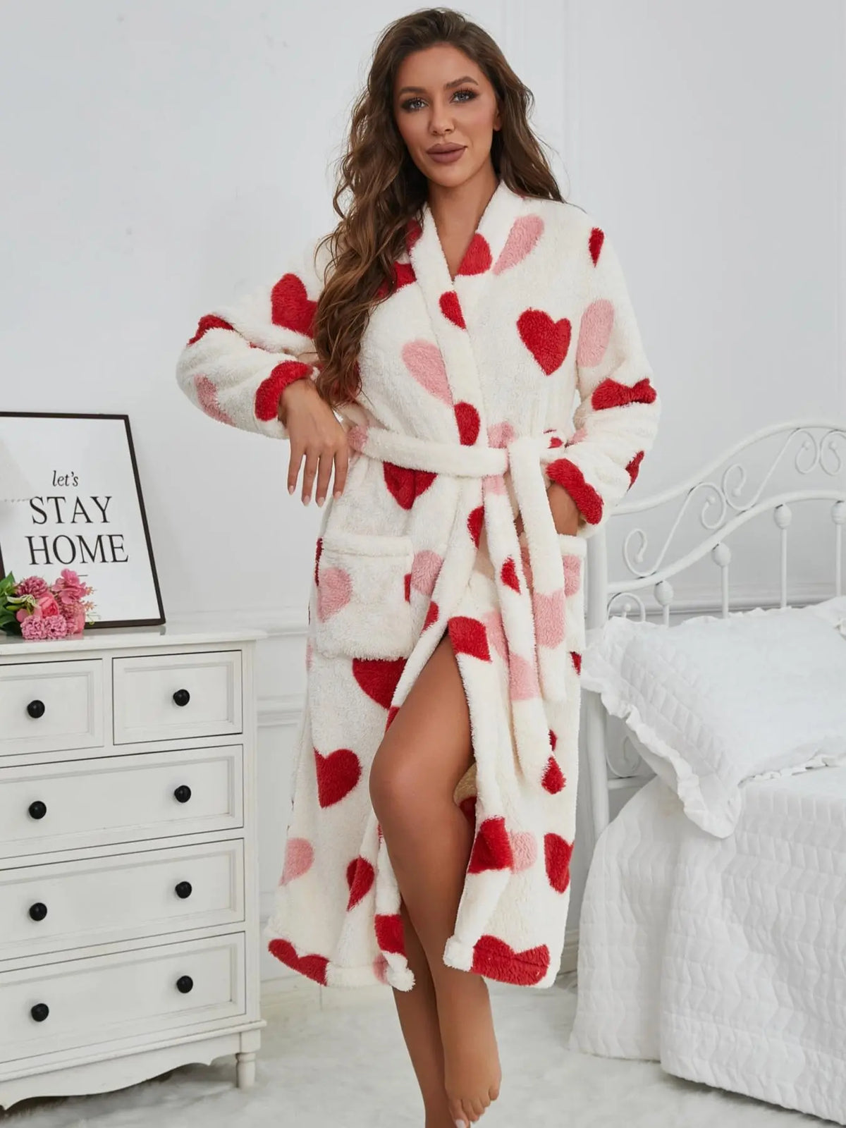 Women's Heart Print Belted Pocket Lounge Bathrobe with Belt, Casual Long Sleeve V Neck Warm Robe, Ladies Sleepwear for Fall & Winter, Loungewear, Night Gown, Womenswear, Homewear