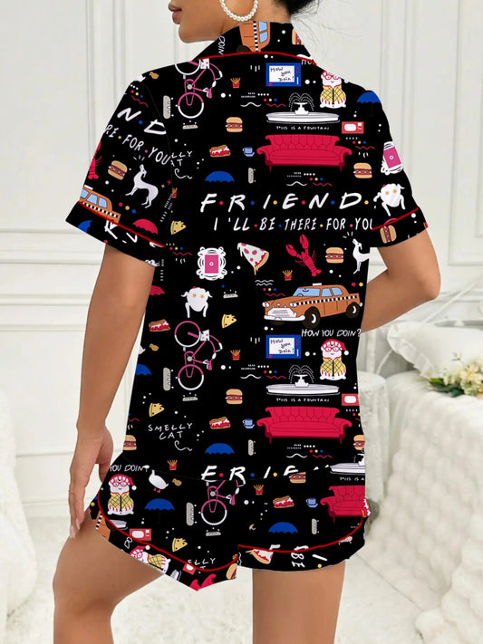 Women's Pajama Set, Retro Pop-Art Print Sleepwear, Short-Sleeve Top & Shorts Two-Piece, Soft Loungewear, Lounge Clothes & PJs for Spring
