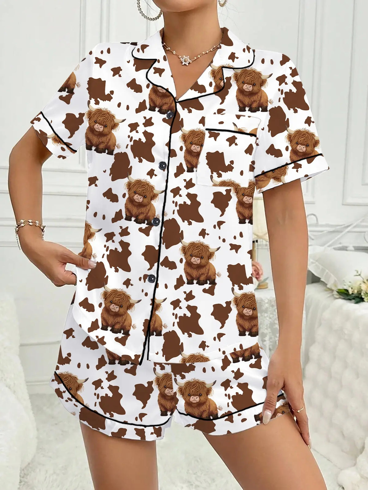 Valentine's Day Women's Sleepwear Loungewear Casual Pajama Set, Comfortable Cute Elastic Highland Cow Milk Cow Pattern Short Shirt and Pants Two-Piece Suit