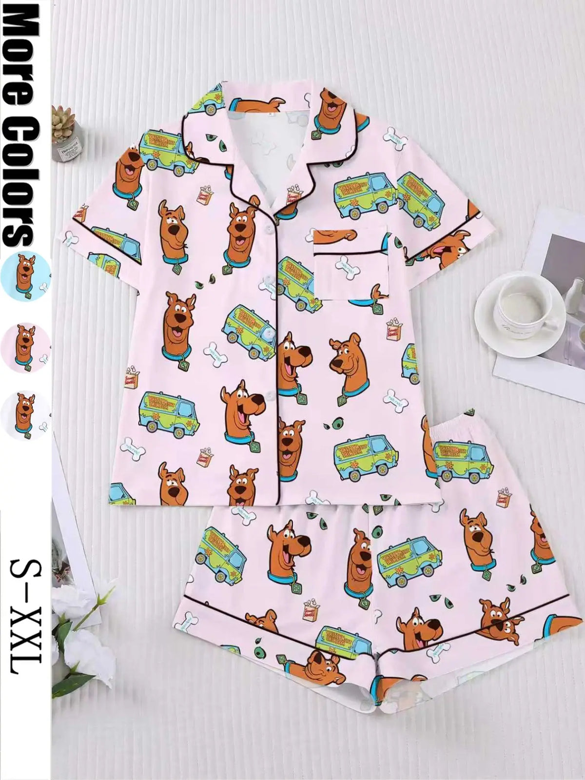 Women's Cartoon Pajama Set, Loungewear, Pyjamas, Pjs, Short Sleeve Button Front Top & Elastic Shorts, Elegant Fitted Sleepwear, Comfortable Homewear, Cartoon Pattern Pajamas