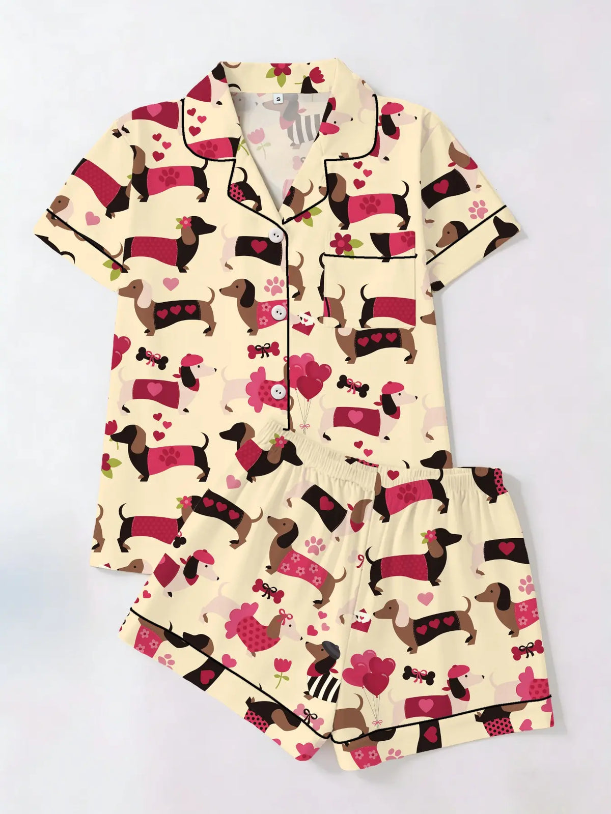 Women's Trendy Aesthetic Colorful Sausage-Dog Print Loungewear Set, Short-Sleeve Top and Shorts Sleepwear Set, Two-Piece Casual Fitted Pajama Suit, Nightwear Pajama Set for All Seasons