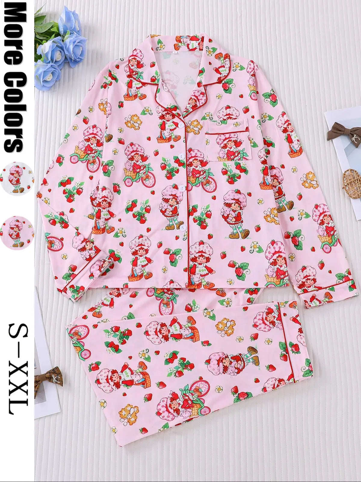 Women's Strawberry Print Sleepwear Set, Pajama Set, Pjs, Long Sleeve Button-Up Top & Elastic Pants, Casual Home Wear, Party, Loungewear