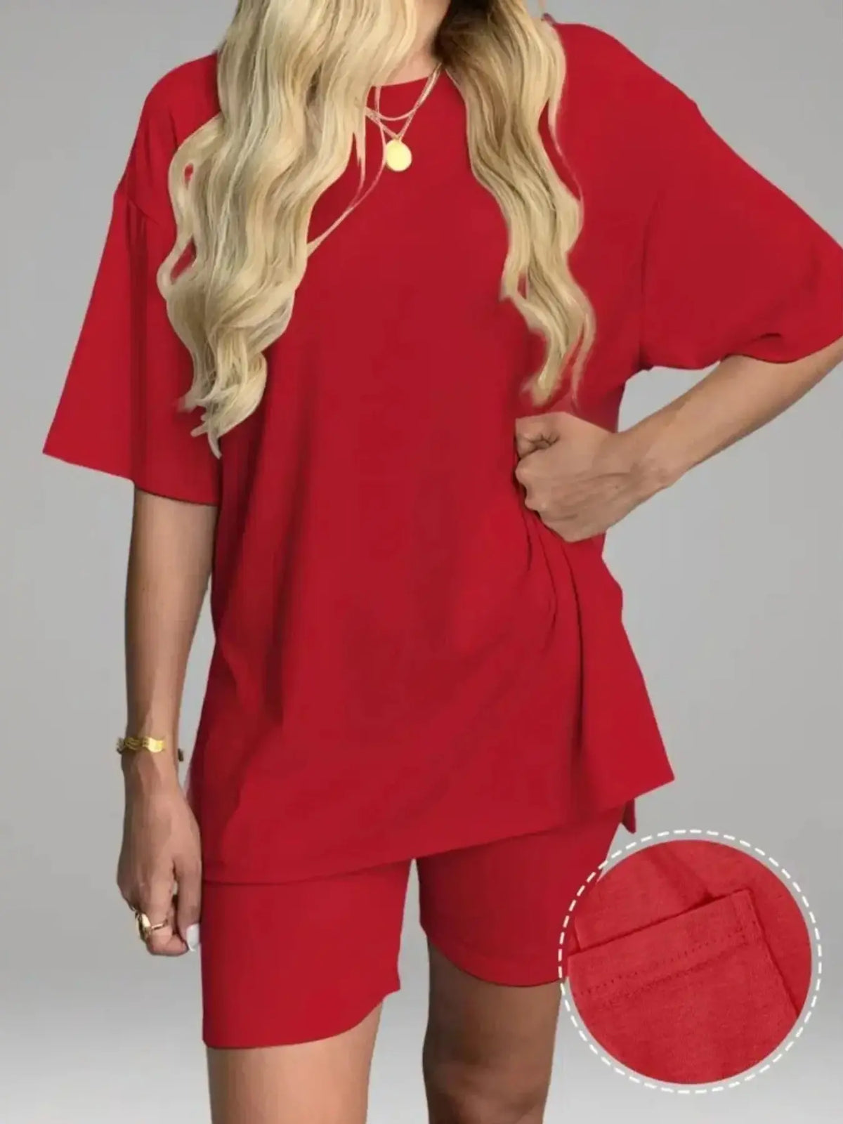 Women's Solid Color T-Shirt and Tight Shorts Set, Casual Summer Comfort Round Neck Sleepwear Loungewear, Pocket Design, Outdoor Wear, Lounge Clothes