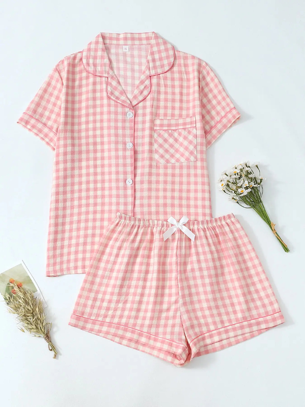 Women's Gingham Print Crop Shirt & Shorts Pyjama, Casual Comfy Short Sleeve Collared Top & Shorts PJ Set, Ladies Sleepwear Loungewear Set for Summer Gingham Pajama Pajamas Sets