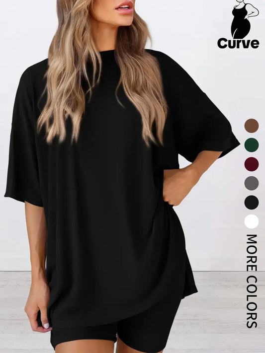 Plus Size Women's 2 Piece Casual Basic Set, Short Sleeve T-Shirt and Shorts, Soft Stretch Summer Relaxed Fit Loungewear, Comfortable Home