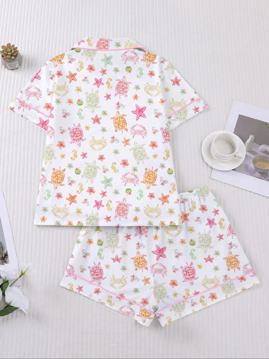 Women's 2-Piece Short Sleeve Sleepwear Set, Pajama Set, Homewear & Loungewear, Fun Oceanic Cartoon Print, Casual Nightwear, Comfortable Lapel Top & Wide Leg Shorts, Lounge Pjs Set