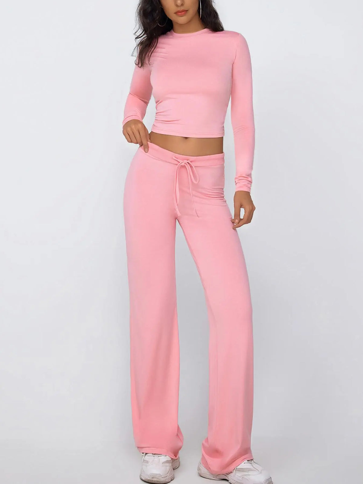 Women's Solid Long Sleeve Crop Top & Drawstring Waist Straight Leg Pants Loungewear Set, Casual Comfy Round Neck Top & Trousers PJ Set, Ladies Sleepwear for Summer & Fall