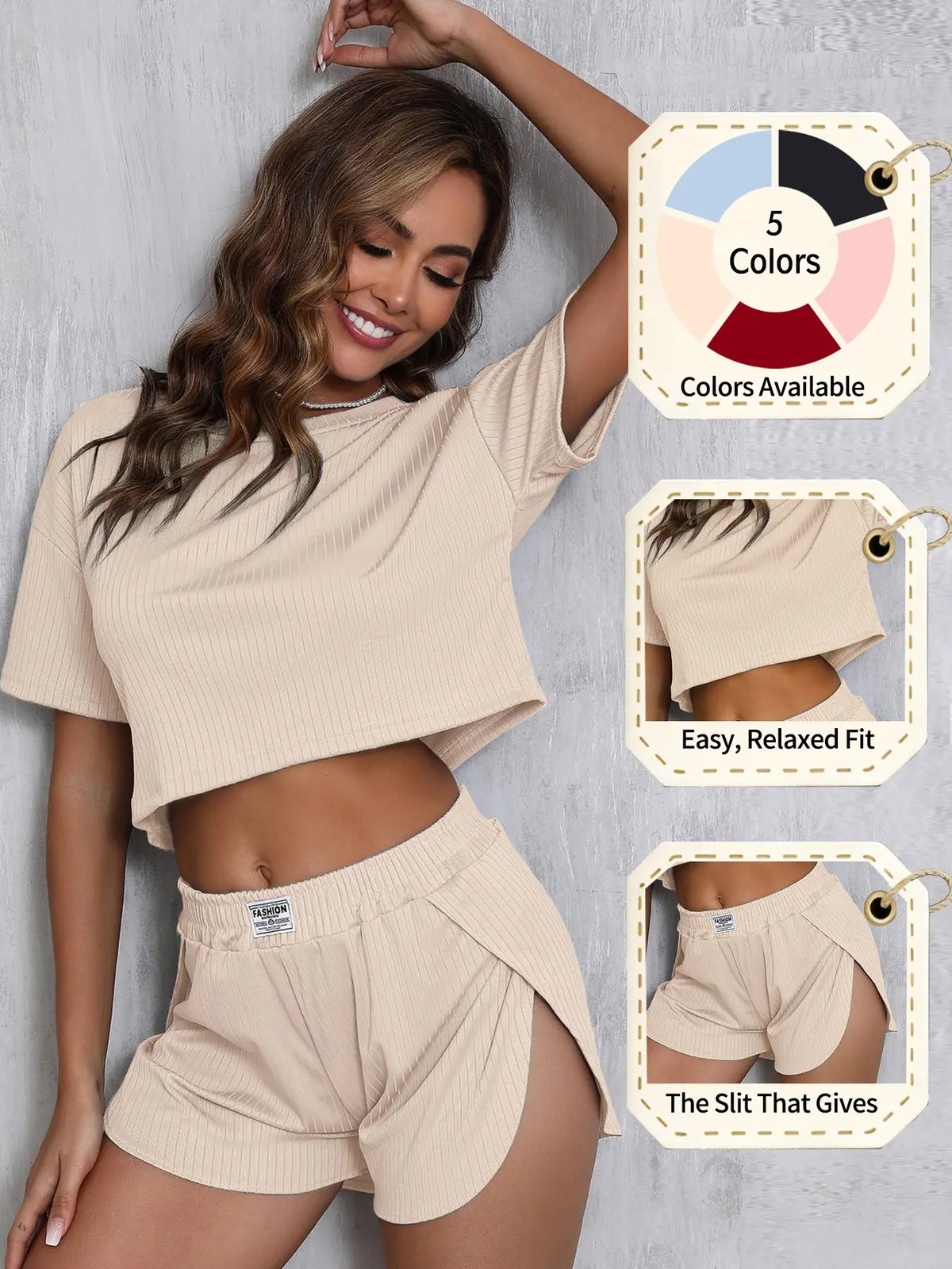 Women's Solid Elastic Ribbed Crop Tee & Shorts Slit Pajama Two-piece Set, Casual Comfy Fit Short Sleeve T-shirt & Shorts, Ladies Summer Sleepwear Loungewear, Homewear, Pjs, Pyjamas Set, Aesthetic