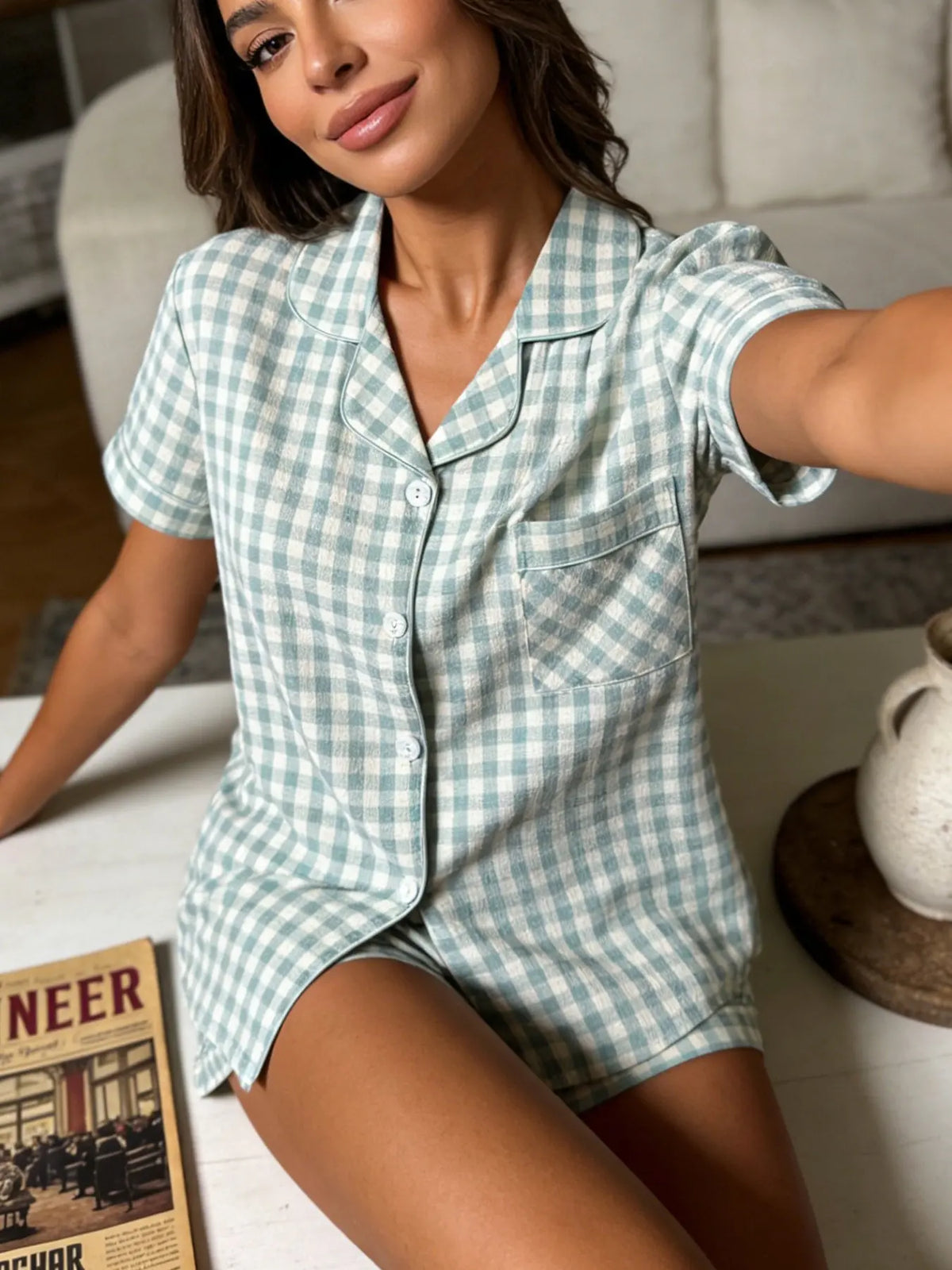 Spring Summer Women's Sleepwear Loungewear Outfit Pajama Set, Casual Pajamas Set, Casual Fitted Nightwear, Womenswear Open Front Lapel Short Sleeve Shorts Two-Piece, Plaid Classic Casual Style Pjs Pyjamas