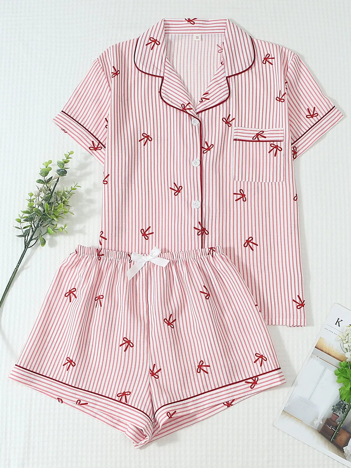 Women's Bow Print Stripe Shirt & Shorts Pyjama, Casual Comfy Short Sleeve Woven Pj Set, Ladies Sleepwear for Summer, Pajamas Sleepwear, Loungewear, Pajama Set