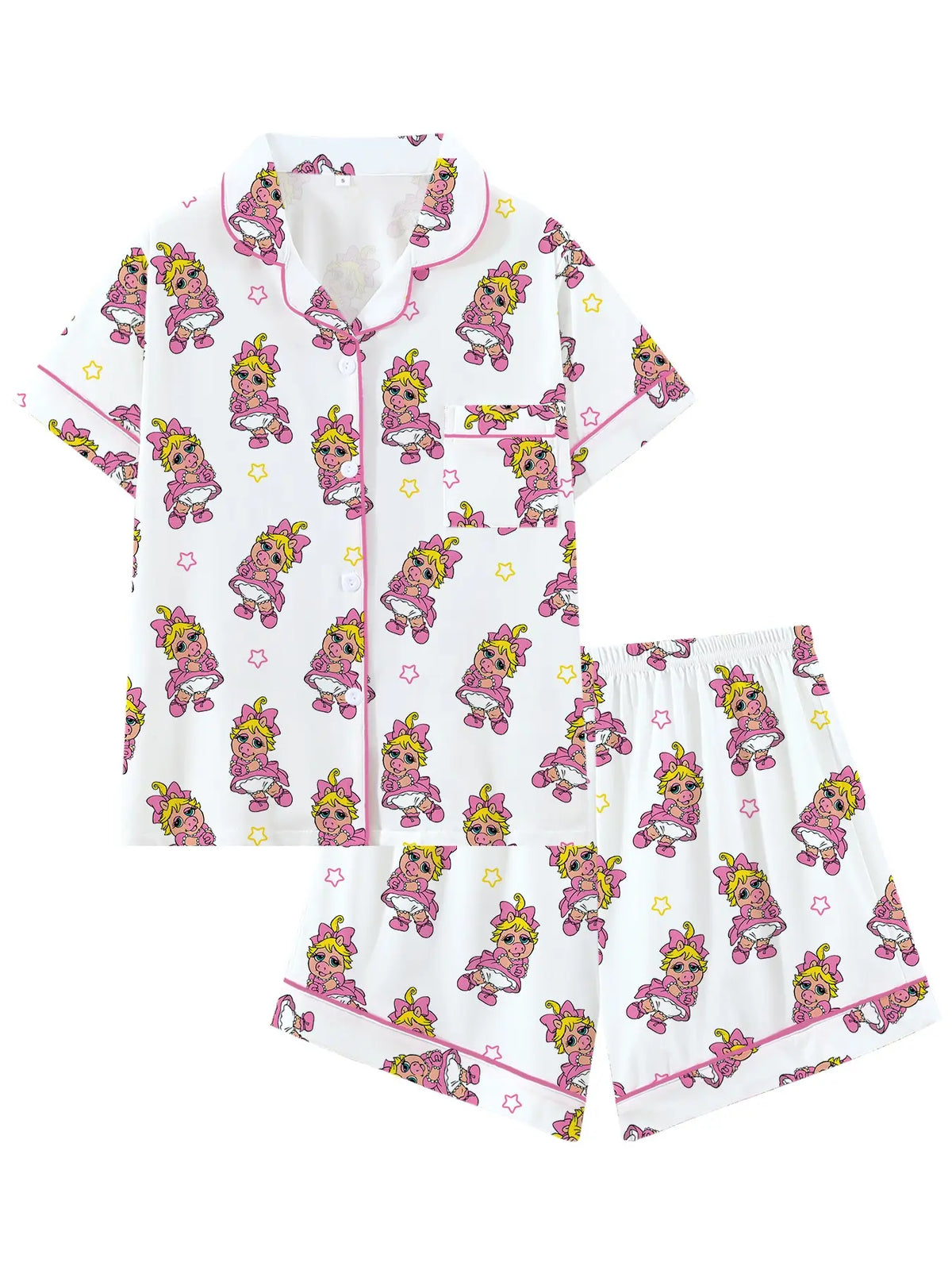 Women's Cute Pink Pig Character Print Pajama Set, Short Sleeve Button Down 2-Piece Loungewear, Pajama Lounge Sets, Adorable Cartoon Pig Sleepwear with Pink Trim,Perfect for Summer Nights & Sleepovers, Lounge Pjs Set