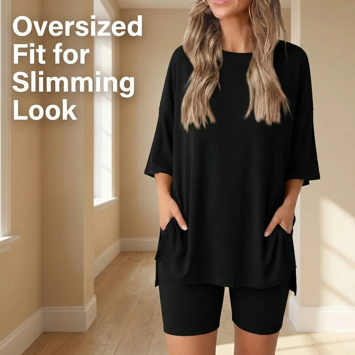 Women's 2-Piece Casual Loungewear Set - 3/4 Sleeve Top, Elastic Waist Above-the-Knee Shorts, Basic Design, Polyester & Modal Fabric, Pajamas, Matching Sets, Sohochic