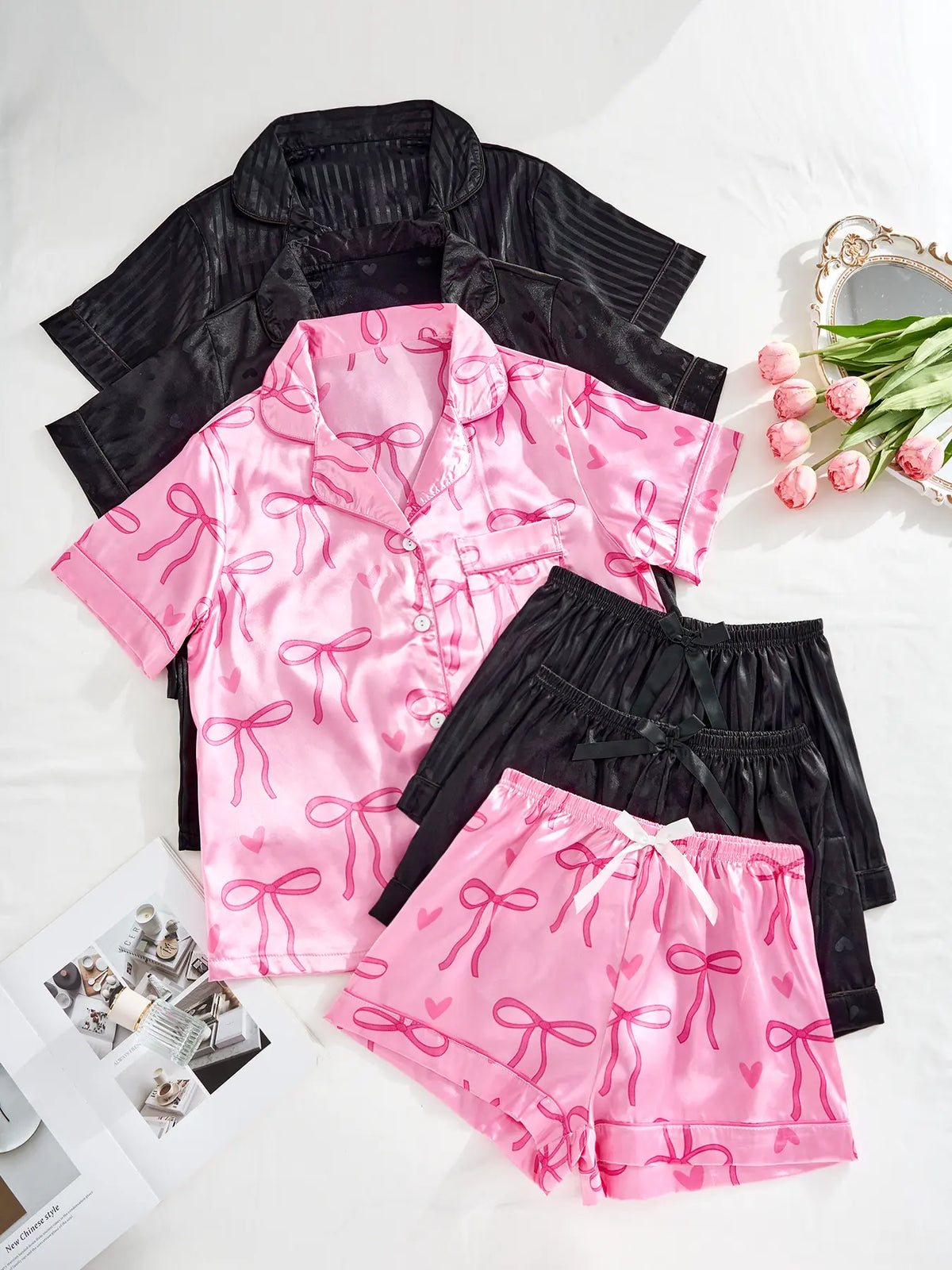 Women's 6-Piece Short-Sleeve Pajama Loungewear Set - Elastic Waist Shorts, Stylish Floral/Leopard Fabric, Elegant Fitted Style, Lounge Set for Women, Valentine Occasions