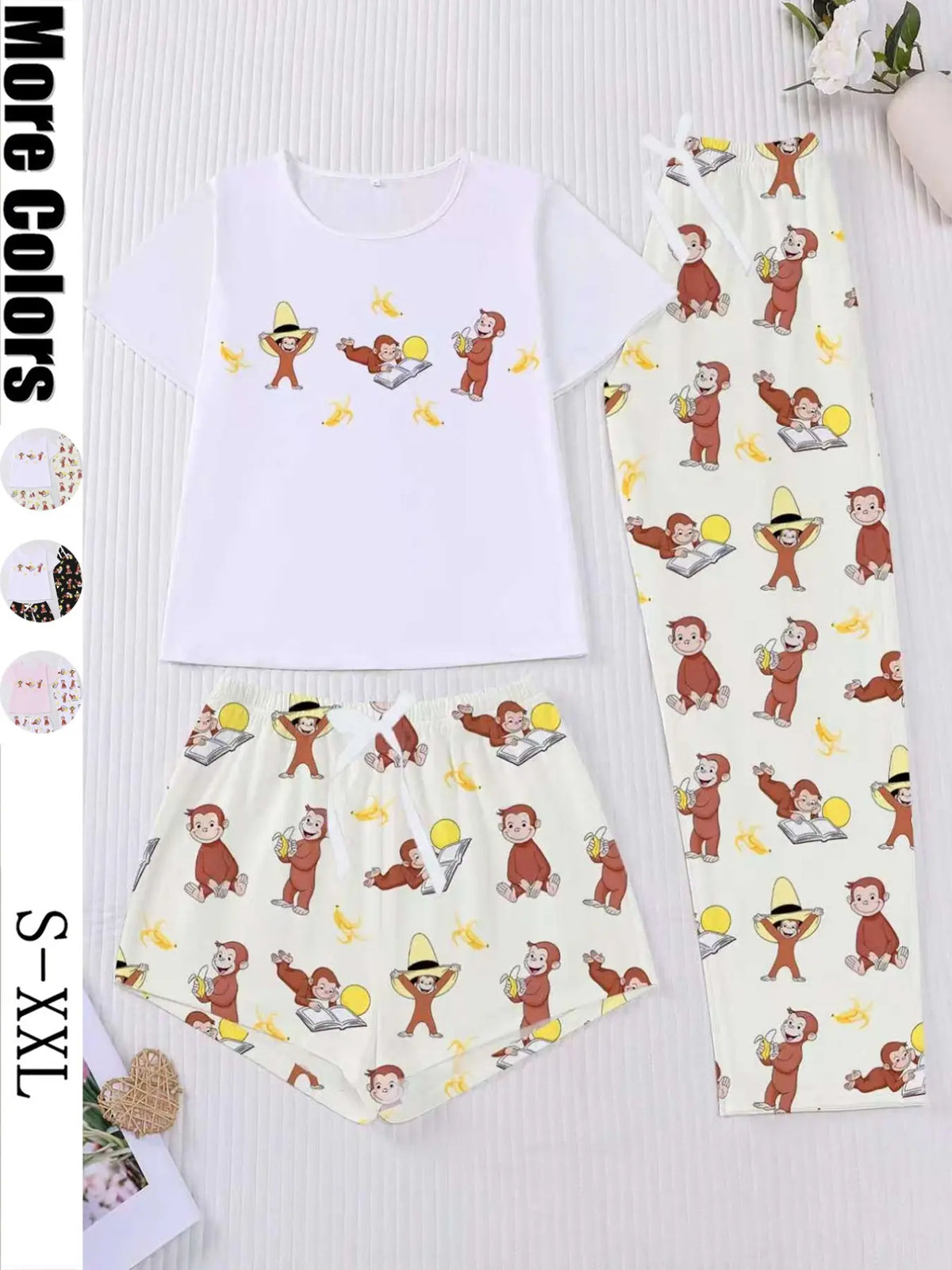 Three-Piece Women's Short Sleeve Top & Long Pants & Shorts Sleepwear Set, Sleepwear Outfits, Casual Home Nightwear, Loungewear